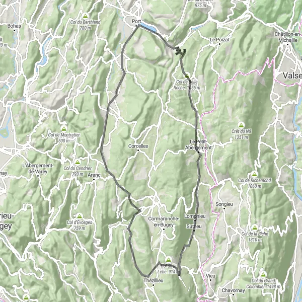 Miniatua del mapa de inspiración ciclista "Les Neyrolles y Saint-Martin-du-Frêne" en Rhône-Alpes, France. Generado por Tarmacs.app planificador de rutas ciclistas