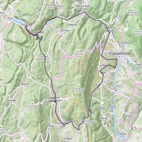 Mapa miniatúra "Okolo Nantua - Mont Cornet" cyklistická inšpirácia v Rhône-Alpes, France. Vygenerované cyklistickým plánovačom trás Tarmacs.app