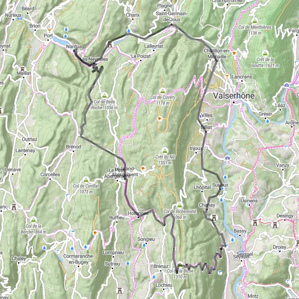 Karttaminiaatyyri "Nantua - Col de la Biche - Nantua" pyöräilyinspiraatiosta alueella Rhône-Alpes, France. Luotu Tarmacs.app pyöräilyreittisuunnittelijalla