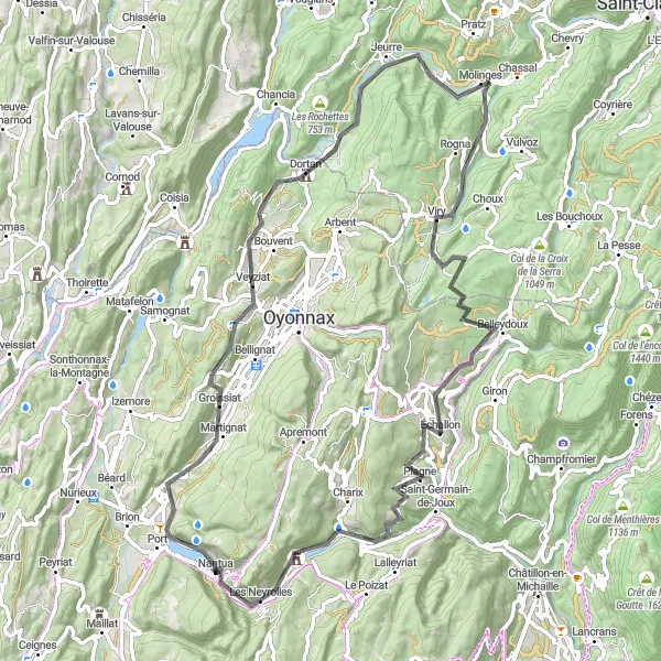 Kartminiatyr av "Till Martignat och tillbaka" cykelinspiration i Rhône-Alpes, France. Genererad av Tarmacs.app cykelruttplanerare