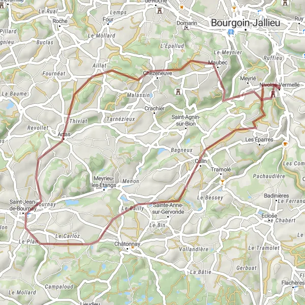 Miniature de la carte de l'inspiration cycliste "Boucle de Gravel à Culin" dans la Rhône-Alpes, France. Générée par le planificateur d'itinéraire cycliste Tarmacs.app
