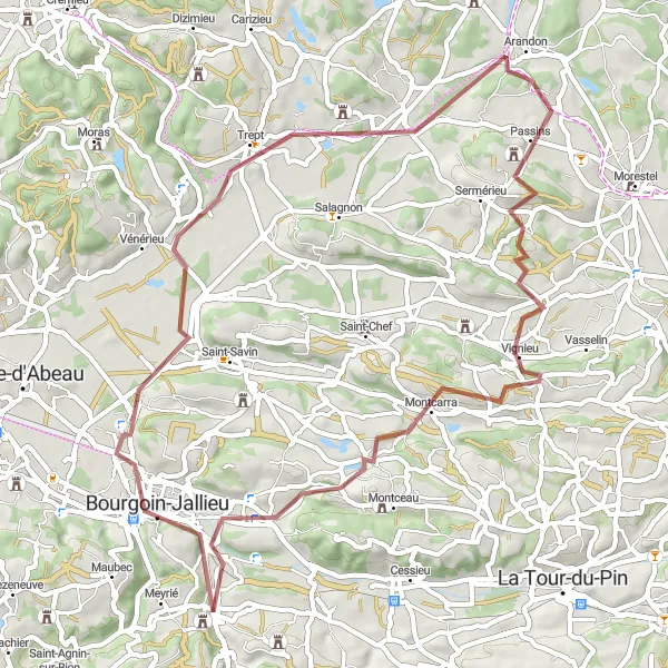 Miniature de la carte de l'inspiration cycliste "Circuit des Collines de l'Isère" dans la Rhône-Alpes, France. Générée par le planificateur d'itinéraire cycliste Tarmacs.app
