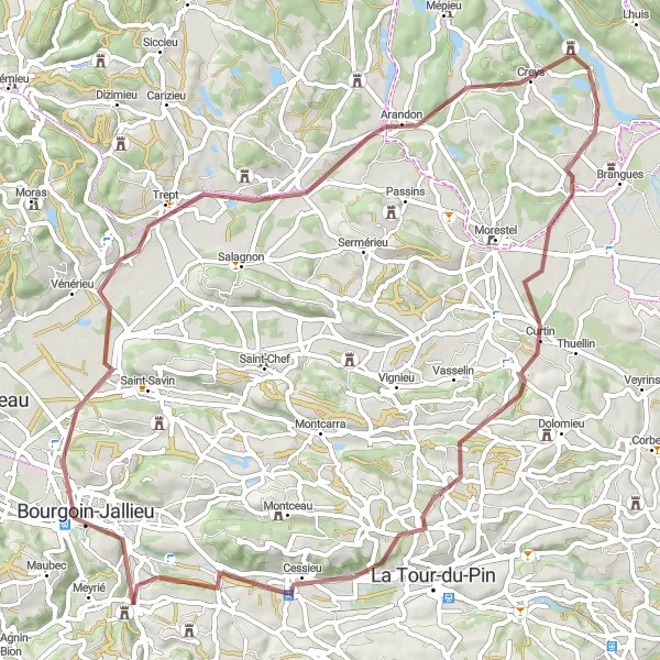 Miniature de la carte de l'inspiration cycliste "Exploration Gravel de Bourgoin-Jallieu" dans la Rhône-Alpes, France. Générée par le planificateur d'itinéraire cycliste Tarmacs.app