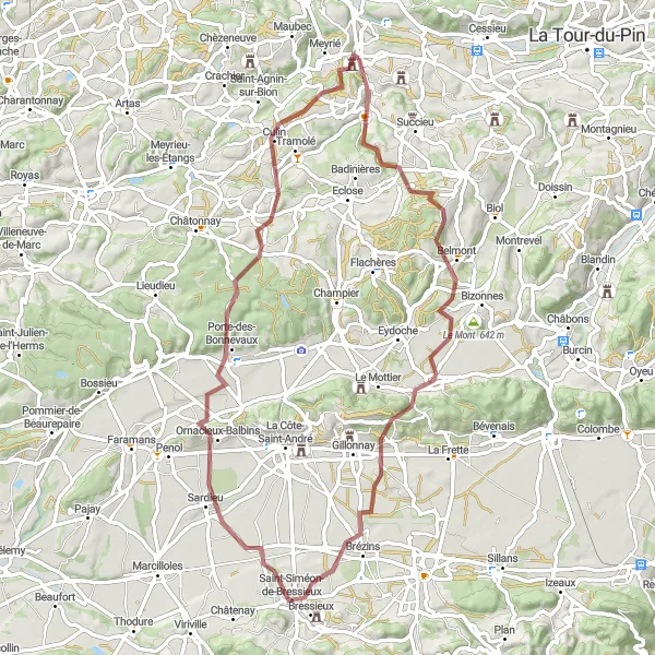 Miniature de la carte de l'inspiration cycliste "Parcours Gravel - Château de Vermelle et Sardieu" dans la Rhône-Alpes, France. Générée par le planificateur d'itinéraire cycliste Tarmacs.app