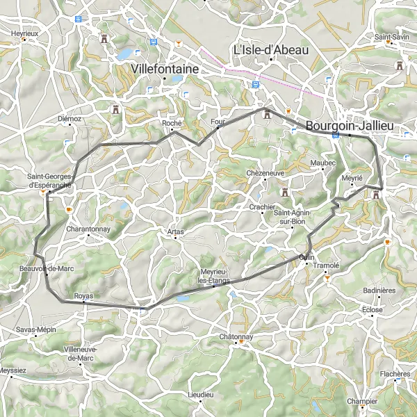 Miniature de la carte de l'inspiration cycliste "Itinéraire Routier vers Bourgoin-Jallieu" dans la Rhône-Alpes, France. Générée par le planificateur d'itinéraire cycliste Tarmacs.app