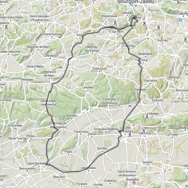 Miniatuurkaart van de fietsinspiratie "Tocht rond Nivolas-Vermelle via Meyrié en Pommier-de-Beaurepaire" in Rhône-Alpes, France. Gemaakt door de Tarmacs.app fietsrouteplanner