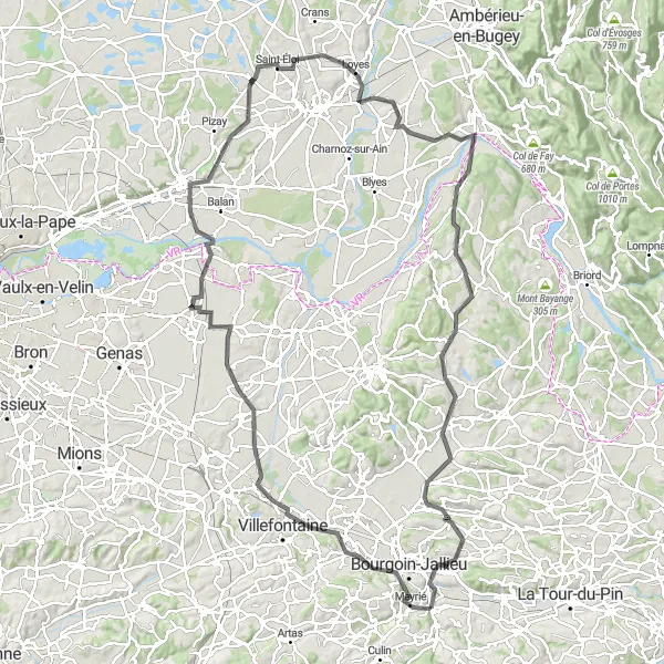 Miniature de la carte de l'inspiration cycliste "Parcours Routier - Dagneux et Nivolas-Vermelle" dans la Rhône-Alpes, France. Générée par le planificateur d'itinéraire cycliste Tarmacs.app