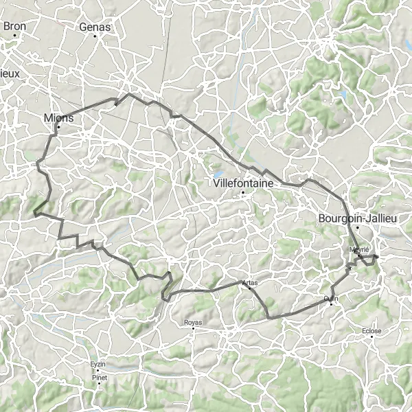 Miniature de la carte de l'inspiration cycliste "Route Routière - Meyrieu-les-Étangs et Bourgoin-Jallieu" dans la Rhône-Alpes, France. Générée par le planificateur d'itinéraire cycliste Tarmacs.app