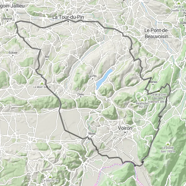 Miniature de la carte de l'inspiration cycliste "Itinéraire Routier - Charancieu et Bec de l'Échaillon" dans la Rhône-Alpes, France. Générée par le planificateur d'itinéraire cycliste Tarmacs.app
