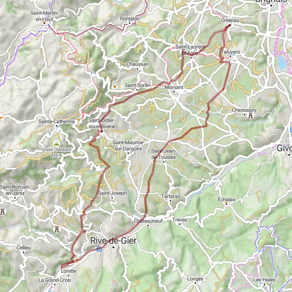 Miniaturní mapa "Gravelová cyklistická trasa Taluyers - Rive-de-Gier - Saint-Martin-la-Plaine - Crêt de Chagneux - Crêt de Piralougnon - Orliénas" inspirace pro cyklisty v oblasti Rhône-Alpes, France. Vytvořeno pomocí plánovače tras Tarmacs.app