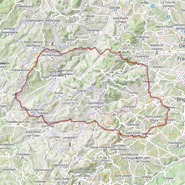 Mapa miniatúra "Gravelová trasa okolo Orliénasu" cyklistická inšpirácia v Rhône-Alpes, France. Vygenerované cyklistickým plánovačom trás Tarmacs.app