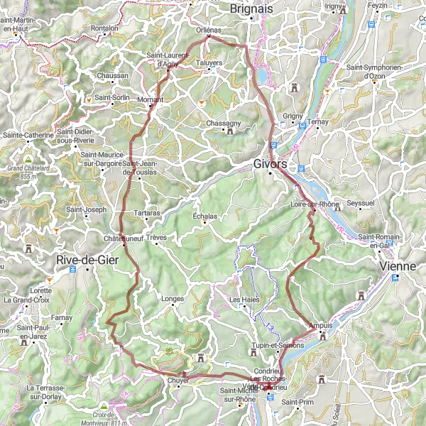 Map miniature of "The Rhône Valley Gravel Excursion" cycling inspiration in Rhône-Alpes, France. Generated by Tarmacs.app cycling route planner