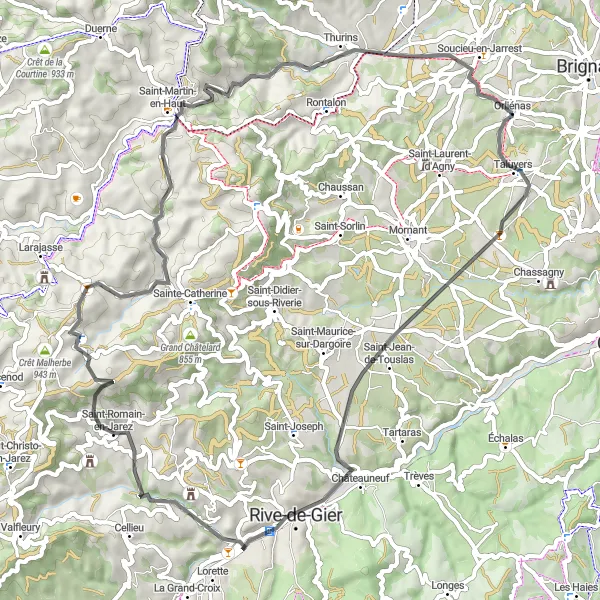 Miniature de la carte de l'inspiration cycliste "Les Monts du Lyonnais" dans la Rhône-Alpes, France. Générée par le planificateur d'itinéraire cycliste Tarmacs.app