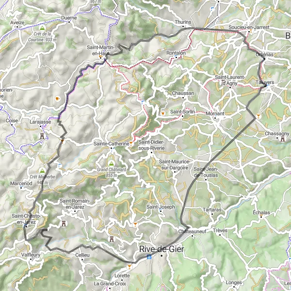 Miniature de la carte de l'inspiration cycliste "Boucle à vélo Orliénas - Rive-de-Gier - Saint-Christo-en-Jarez - Saint-Martin-en-Haut - Thurins - Soucieu-en-Jarrest" dans la Rhône-Alpes, France. Générée par le planificateur d'itinéraire cycliste Tarmacs.app