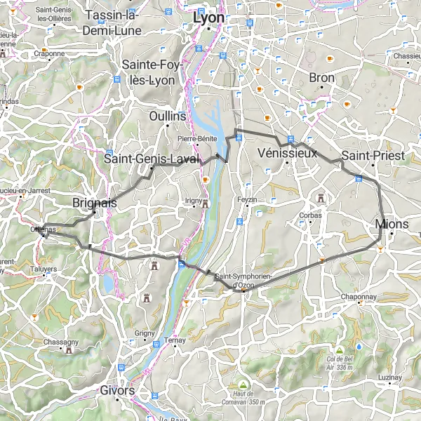 Miniatua del mapa de inspiración ciclista "Ruta en Carretera a Mions" en Rhône-Alpes, France. Generado por Tarmacs.app planificador de rutas ciclistas