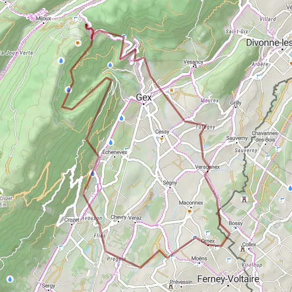 Mapa miniatúra "Gravel Ornex Circuit" cyklistická inšpirácia v Rhône-Alpes, France. Vygenerované cyklistickým plánovačom trás Tarmacs.app