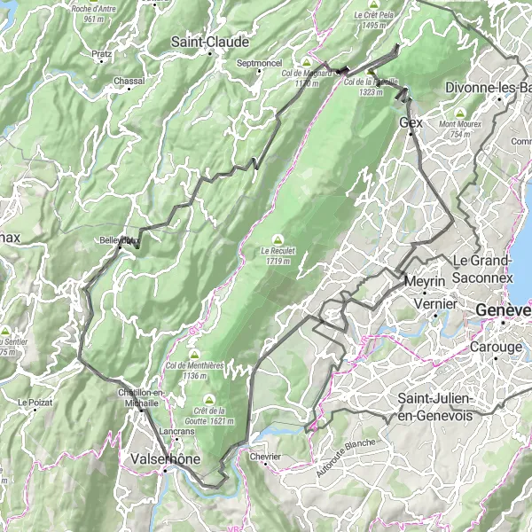 Miniature de la carte de l'inspiration cycliste "L'Épopée des Cols Jurassiens" dans la Rhône-Alpes, France. Générée par le planificateur d'itinéraire cycliste Tarmacs.app