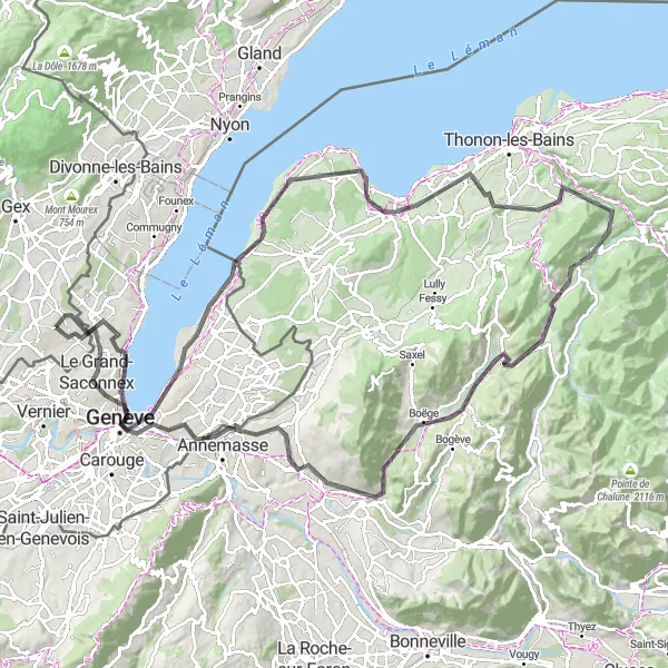 Miniatura della mappa di ispirazione al ciclismo "Giro panoramico del Lago Lemano" nella regione di Rhône-Alpes, France. Generata da Tarmacs.app, pianificatore di rotte ciclistiche