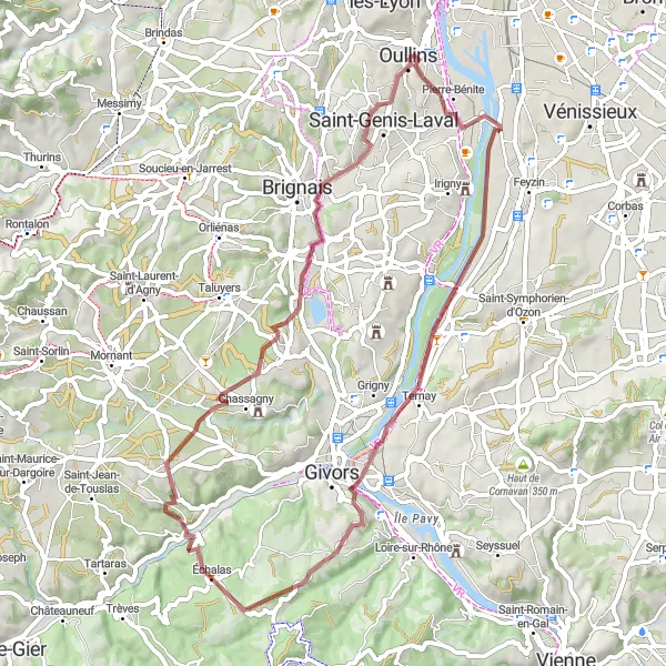 Kartminiatyr av "Grusvei fra Oullins til Chassagny" sykkelinspirasjon i Rhône-Alpes, France. Generert av Tarmacs.app sykkelrutoplanlegger