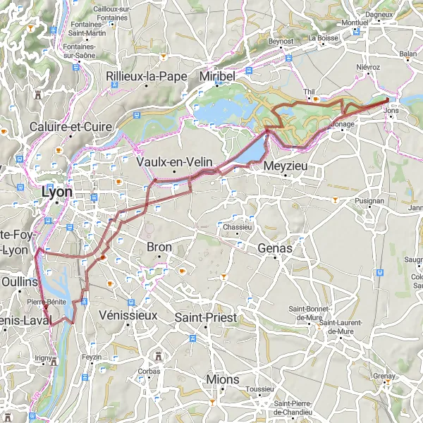 Mapa miniatúra "Gravel Cyklotúra cez La Mulatière a Thil" cyklistická inšpirácia v Rhône-Alpes, France. Vygenerované cyklistickým plánovačom trás Tarmacs.app