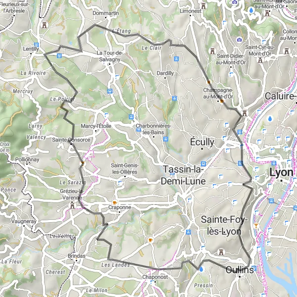 Miniature de la carte de l'inspiration cycliste "Les collines de l'ouest lyonnais" dans la Rhône-Alpes, France. Générée par le planificateur d'itinéraire cycliste Tarmacs.app