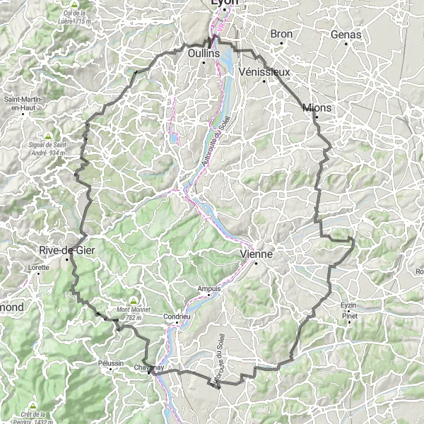 Kartminiatyr av "Vacker landsvägscykeltur från Oullins" cykelinspiration i Rhône-Alpes, France. Genererad av Tarmacs.app cykelruttplanerare