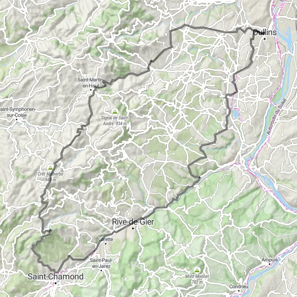 Miniatua del mapa de inspiración ciclista "Ruta desafiante de Oullins a Saint-Martin-en-Haut" en Rhône-Alpes, France. Generado por Tarmacs.app planificador de rutas ciclistas