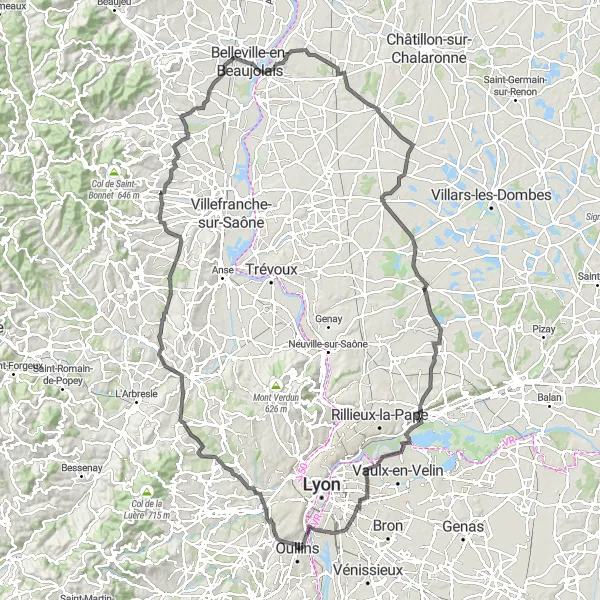 Map miniature of "Loop to Charbonnières-les-Bains" cycling inspiration in Rhône-Alpes, France. Generated by Tarmacs.app cycling route planner