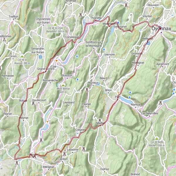 Kartminiatyr av "Grusvei Loop til Col de Matafelon" sykkelinspirasjon i Rhône-Alpes, France. Generert av Tarmacs.app sykkelrutoplanlegger