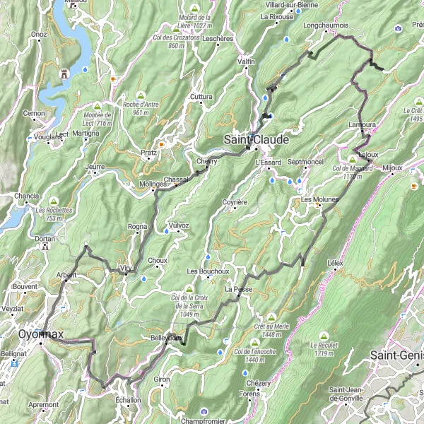 Miniatua del mapa de inspiración ciclista "Ruta de 110 km en carretera desde Oyonnax" en Rhône-Alpes, France. Generado por Tarmacs.app planificador de rutas ciclistas