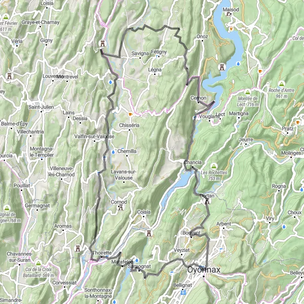 Miniatua del mapa de inspiración ciclista "Ruta de ciclismo en carretera desde Oyonnax" en Rhône-Alpes, France. Generado por Tarmacs.app planificador de rutas ciclistas