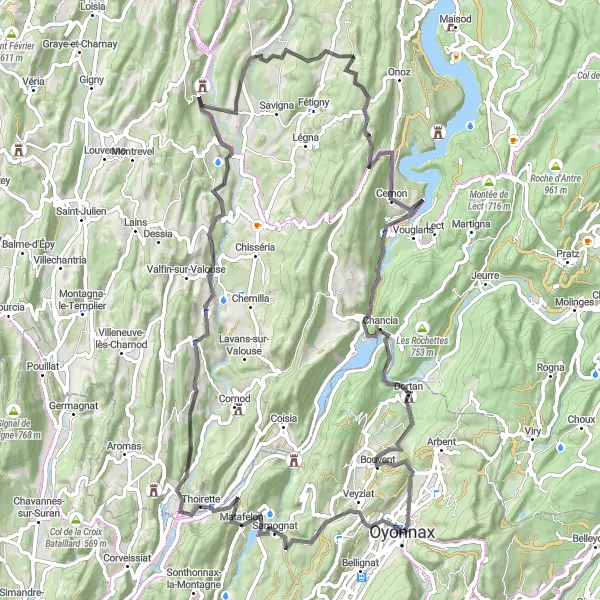 Miniatuurkaart van de fietsinspiratie "Oyonnax rondrit op de weg" in Rhône-Alpes, France. Gemaakt door de Tarmacs.app fietsrouteplanner