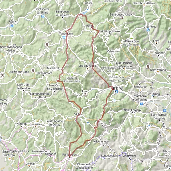 Miniatura della mappa di ispirazione al ciclismo "Giro in Gravel tra Violay e Affoux" nella regione di Rhône-Alpes, France. Generata da Tarmacs.app, pianificatore di rotte ciclistiche