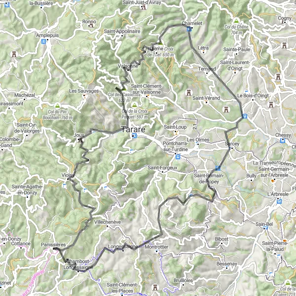 Miniature de la carte de l'inspiration cycliste "Tour panoramique de Ternand" dans la Rhône-Alpes, France. Générée par le planificateur d'itinéraire cycliste Tarmacs.app