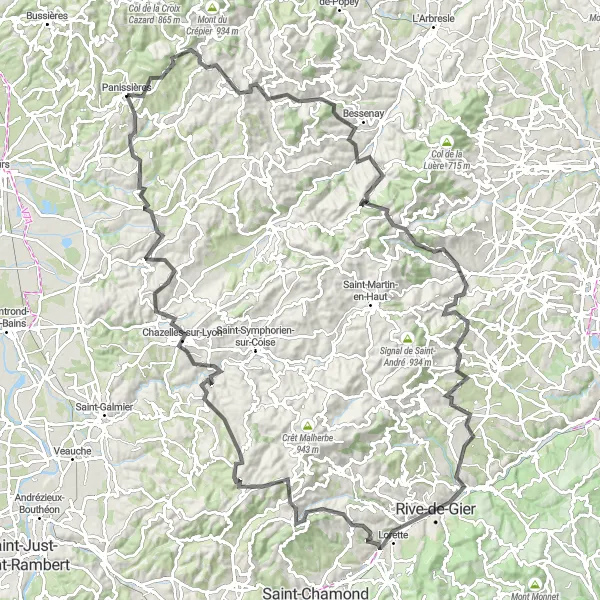 Miniature de la carte de l'inspiration cycliste "Boucle des Monts du Lyonnais et des Montagnes du Pilat" dans la Rhône-Alpes, France. Générée par le planificateur d'itinéraire cycliste Tarmacs.app