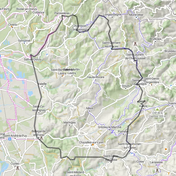 Miniaturní mapa "Panissières - Saint-Clément-les-Places - Aveize" inspirace pro cyklisty v oblasti Rhône-Alpes, France. Vytvořeno pomocí plánovače tras Tarmacs.app