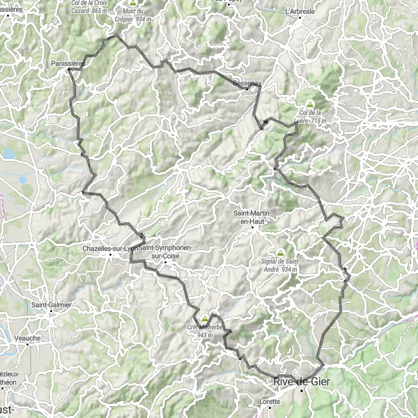 Miniature de la carte de l'inspiration cycliste "Aventure dans les Monts du Lyonnais et Forez" dans la Rhône-Alpes, France. Générée par le planificateur d'itinéraire cycliste Tarmacs.app