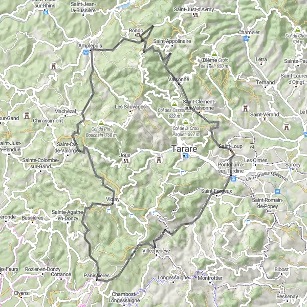 Miniature de la carte de l'inspiration cycliste "Balade pittoresque à Amplepuis" dans la Rhône-Alpes, France. Générée par le planificateur d'itinéraire cycliste Tarmacs.app