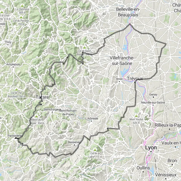 Zemljevid v pomanjšavi "Cesta z neverjetnimi razgledi v Rhône-Alpes" kolesarske inspiracije v Rhône-Alpes, France. Generirano z načrtovalcem kolesarskih poti Tarmacs.app