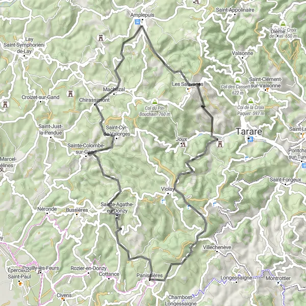 Miniature de la carte de l'inspiration cycliste "Exploration des Monts du Forez et du Lyonnais" dans la Rhône-Alpes, France. Générée par le planificateur d'itinéraire cycliste Tarmacs.app