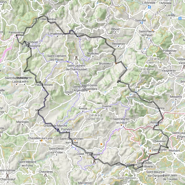 Zemljevid v pomanjšavi "Kolesarska pot Montrottier - Col de la Croix de Part - Yzeron - Crêt du Bouchat - Chaussan - Table d'orientation - Saint-Symphorien-sur-Coise - Haute-Rivoire - Chambost-Longessaigne" kolesarske inspiracije v Rhône-Alpes, France. Generirano z načrtovalcem kolesarskih poti Tarmacs.app