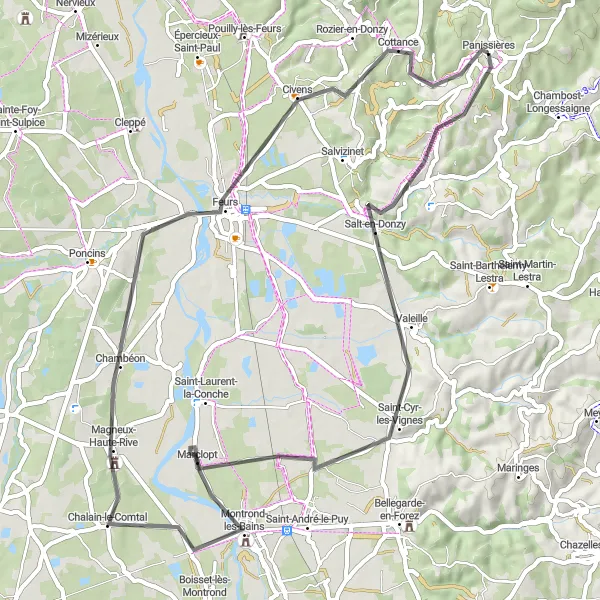 Miniature de la carte de l'inspiration cycliste "Circuit rural du Forez" dans la Rhône-Alpes, France. Générée par le planificateur d'itinéraire cycliste Tarmacs.app
