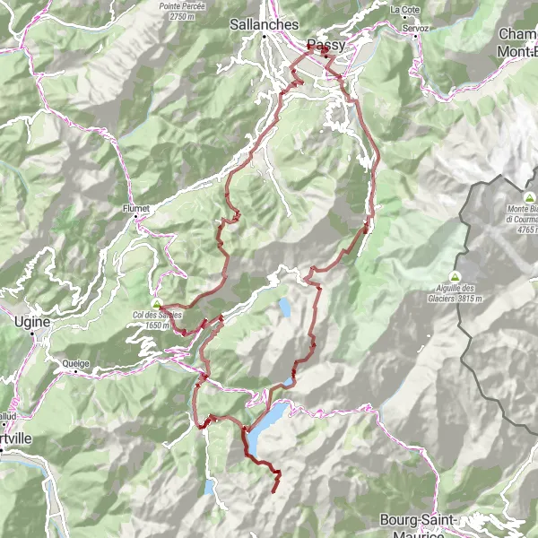 Miniature de la carte de l'inspiration cycliste "Challenging Gravel Route in Mont Blanc" dans la Rhône-Alpes, France. Générée par le planificateur d'itinéraire cycliste Tarmacs.app