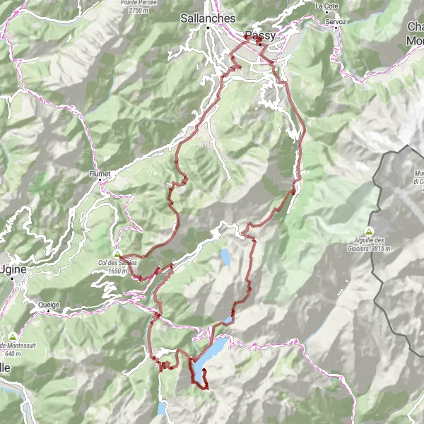 Miniatua del mapa de inspiración ciclista "Ruta de Grava de Passy a Megève" en Rhône-Alpes, France. Generado por Tarmacs.app planificador de rutas ciclistas