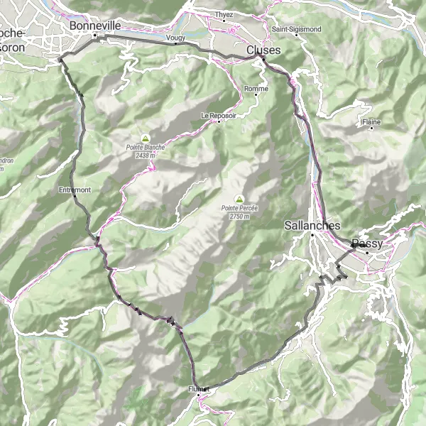 Miniatua del mapa de inspiración ciclista "Ruta de ciclismo de 104 km desde Passy" en Rhône-Alpes, France. Generado por Tarmacs.app planificador de rutas ciclistas