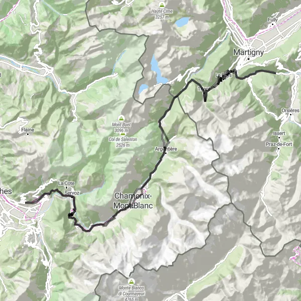 Map miniature of "Mont Blanc Challenge" cycling inspiration in Rhône-Alpes, France. Generated by Tarmacs.app cycling route planner
