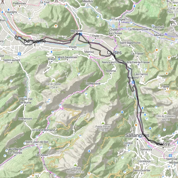 Miniatua del mapa de inspiración ciclista "Ruta en carretera cerca de Passy" en Rhône-Alpes, France. Generado por Tarmacs.app planificador de rutas ciclistas