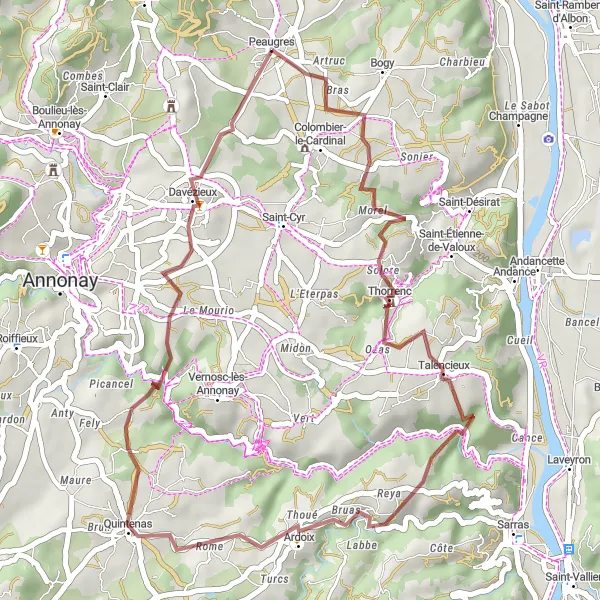 Zemljevid v pomanjšavi "Tura Talencieux - Quintenas - Peaugres" kolesarske inspiracije v Rhône-Alpes, France. Generirano z načrtovalcem kolesarskih poti Tarmacs.app