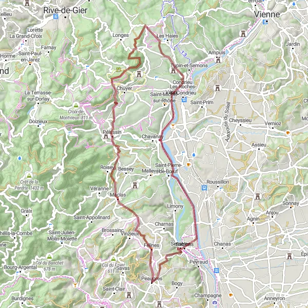 Miniature de la carte de l'inspiration cycliste "Gravel Adventure in Rhône-Alpes Countryside" dans la Rhône-Alpes, France. Générée par le planificateur d'itinéraire cycliste Tarmacs.app