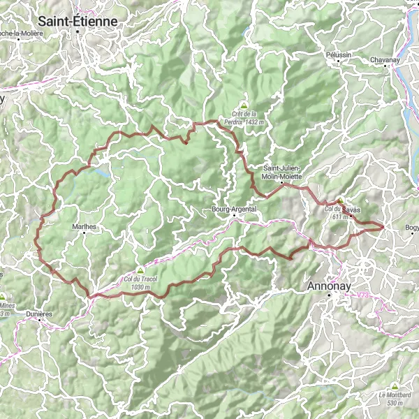 Miniature de la carte de l'inspiration cycliste "Le circuit Pyfara-Burdignes" dans la Rhône-Alpes, France. Générée par le planificateur d'itinéraire cycliste Tarmacs.app